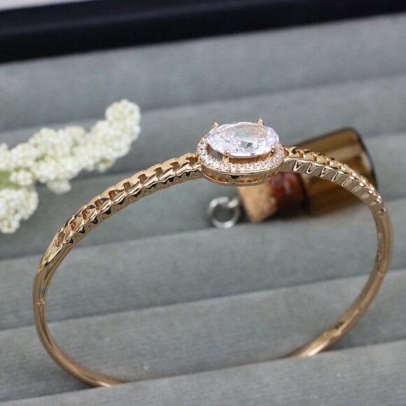 Oval Stone Rose Gold Bangle with Chain-Style Detailing, XPBL0443 - Picture 12 of 12